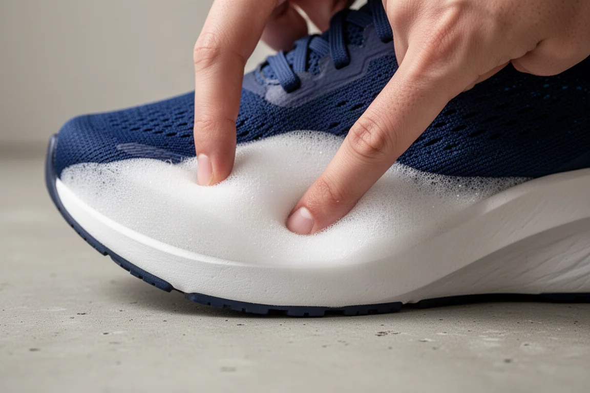 Close-up van een zachte witte middenzool van een hardloopschoen die onder de voet meebuigt