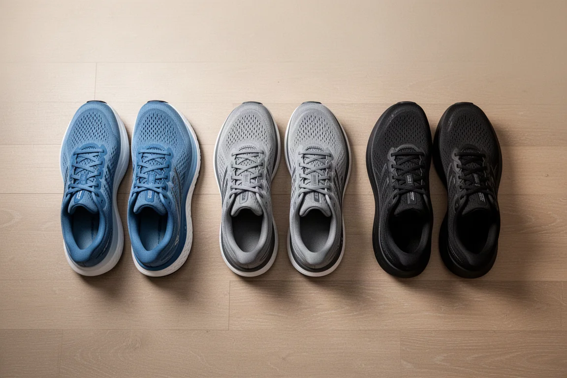 Drie paren dagelijkse hardloopschoenen op een rij op een houten vloer