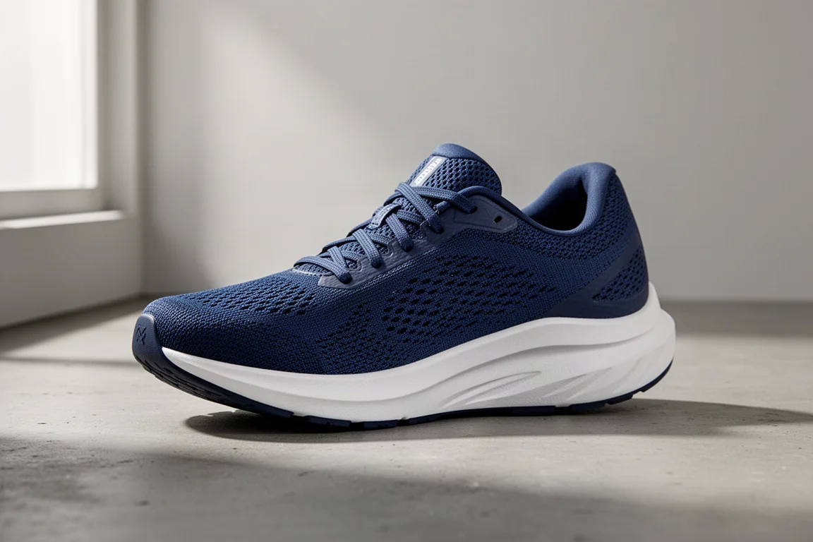 New Balance 1080 v13 running shoe in blue with thick white midsole on concrete