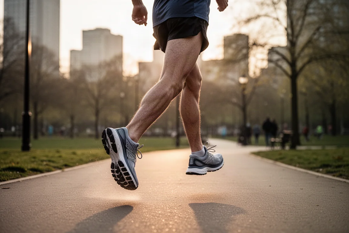 Two cushioned running shoes side by side on a wooden floor before a run