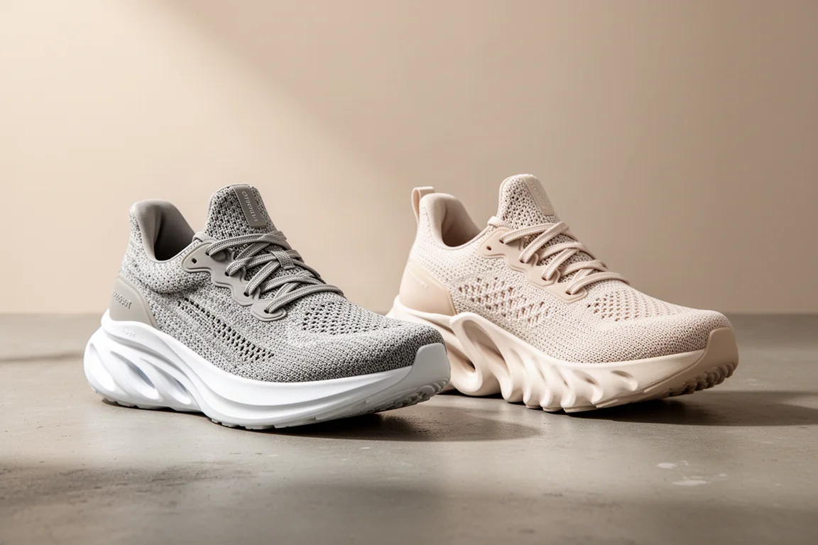 Two cushioned running shoes side by side on a matte concrete surface