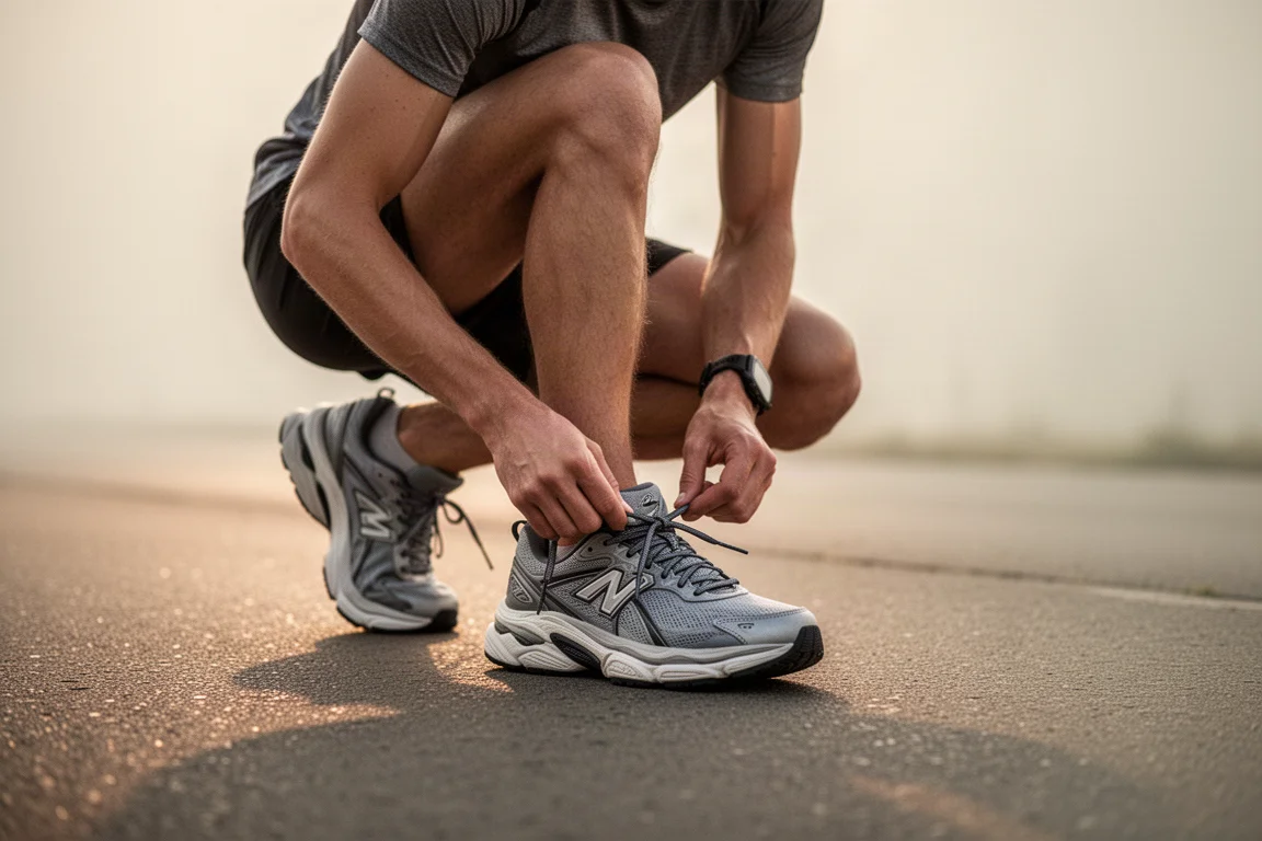 Un runner allaccia una daily trainer ammortizzata su un vialetto tranquillo
