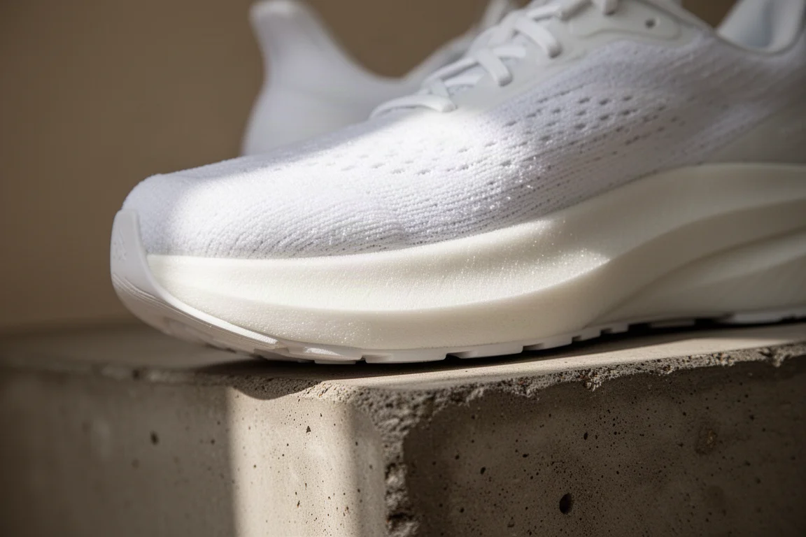 Primo piano della schiuma bianca spessa della suola intermedia di una scarpa da running
