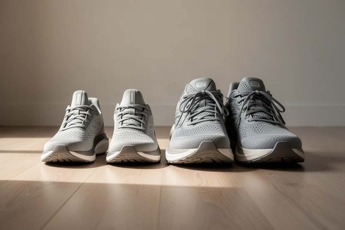 Due paia di scarpe da running affiancate su un pavimento in legno