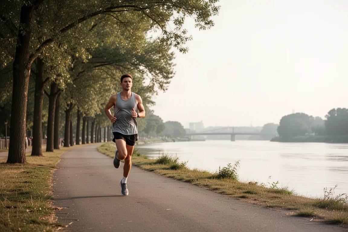 Un runner corre con ritmo tranquillo lungo un sentiero sul fiume