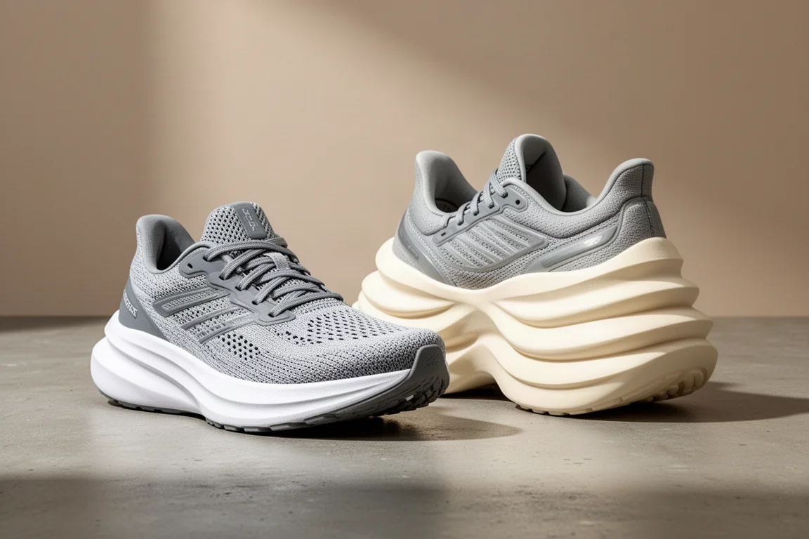 Two New Balance cushioned running shoes side by side on a concrete surface