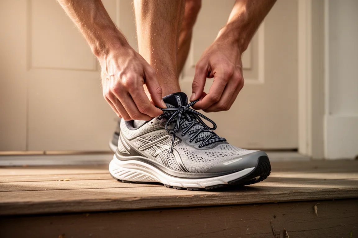 Runner lacing up a well-padded road running shoe on a doorstep before an easy run