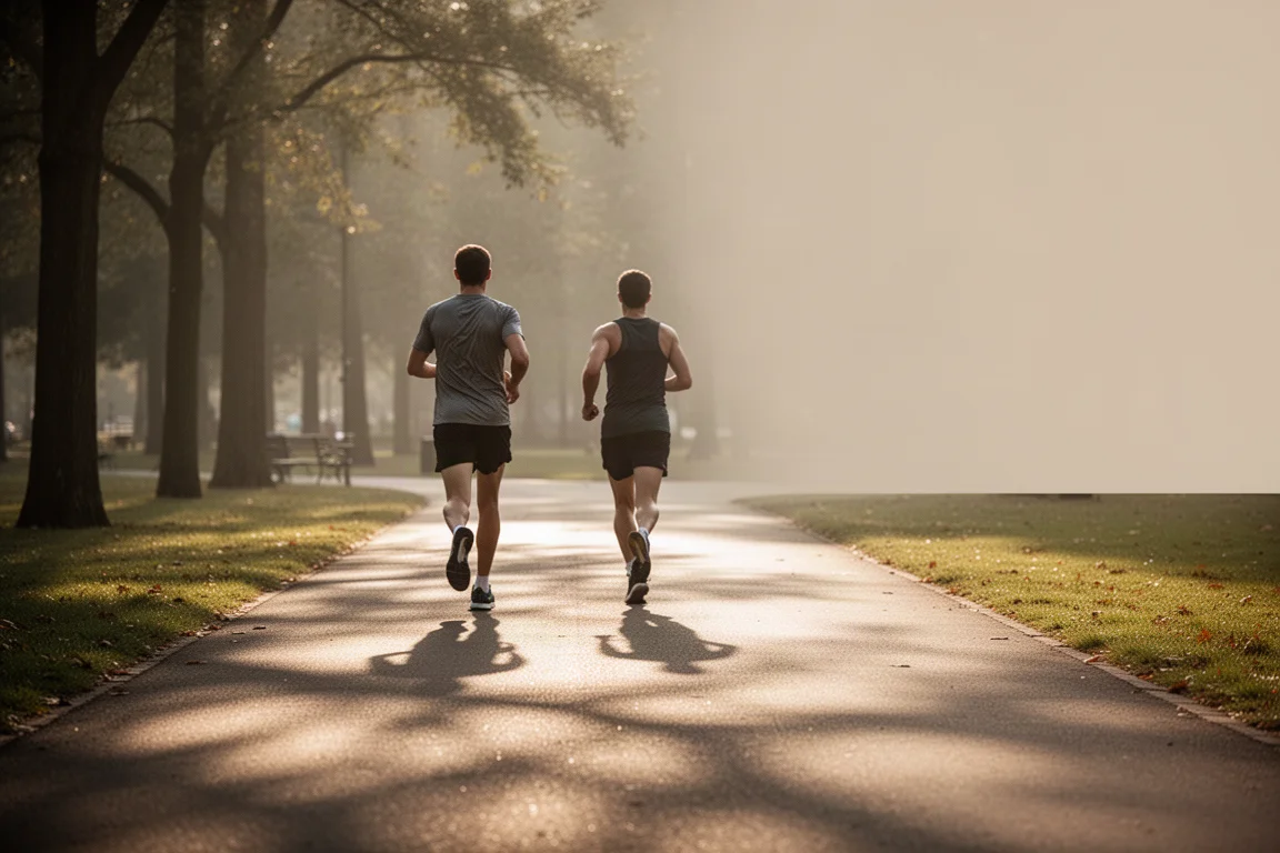 Runner ticking off easy miles on a quiet park path at golden hour