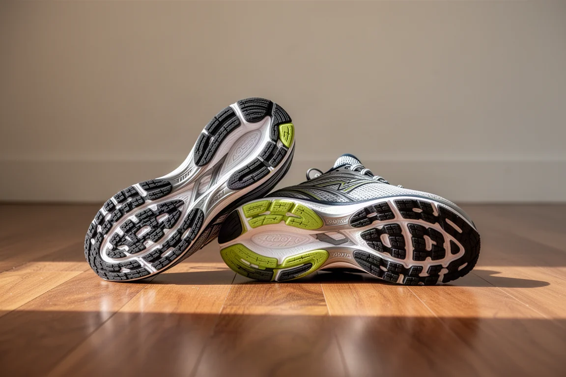 Two running shoes side by side on a wooden floor showing different outsoles