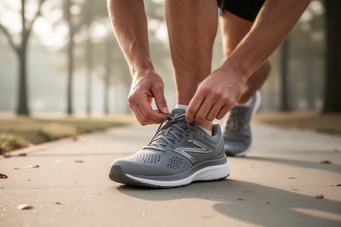 Läufer schnürt vor einem lockeren Morgenlauf die Schnürsenkel eines Laufschuhs