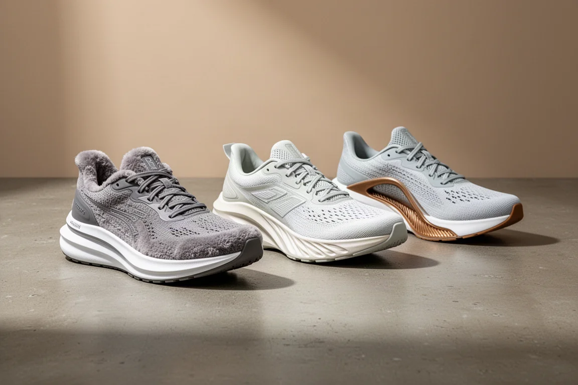 Three running shoes in a row on a concrete surface