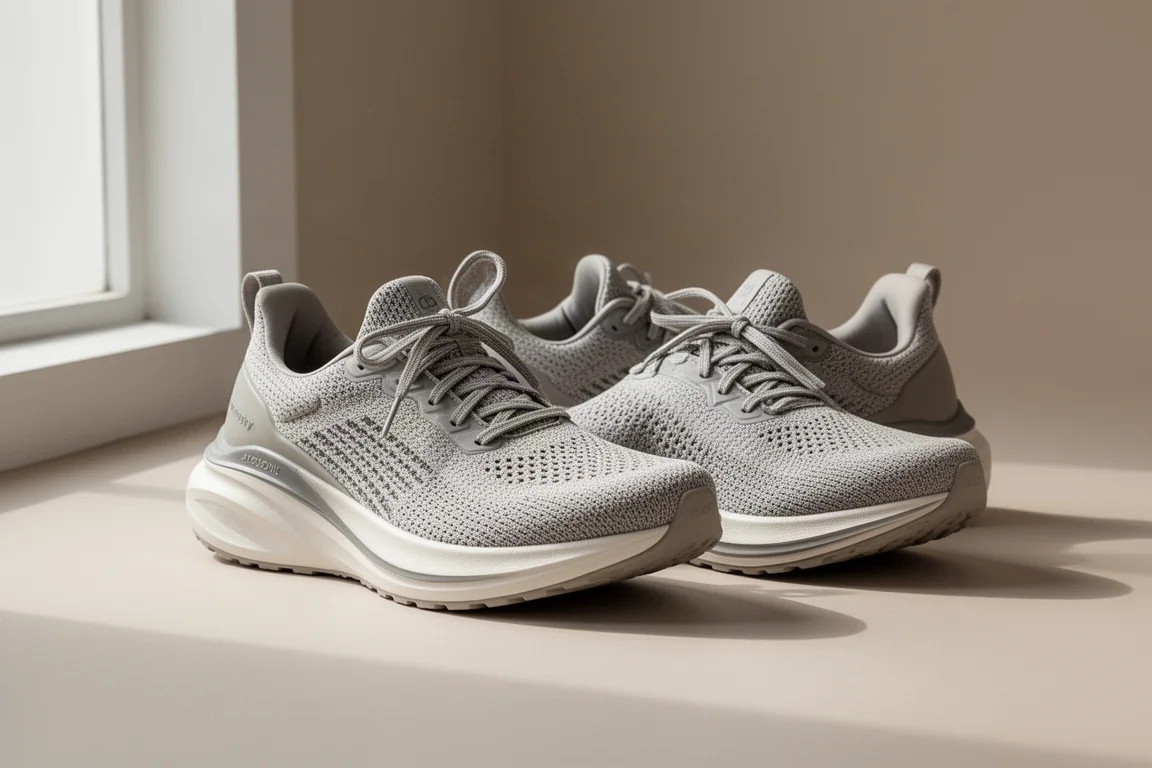 Primer plano de la mediasuela gruesa de espuma blanca en una zapatilla de running premium