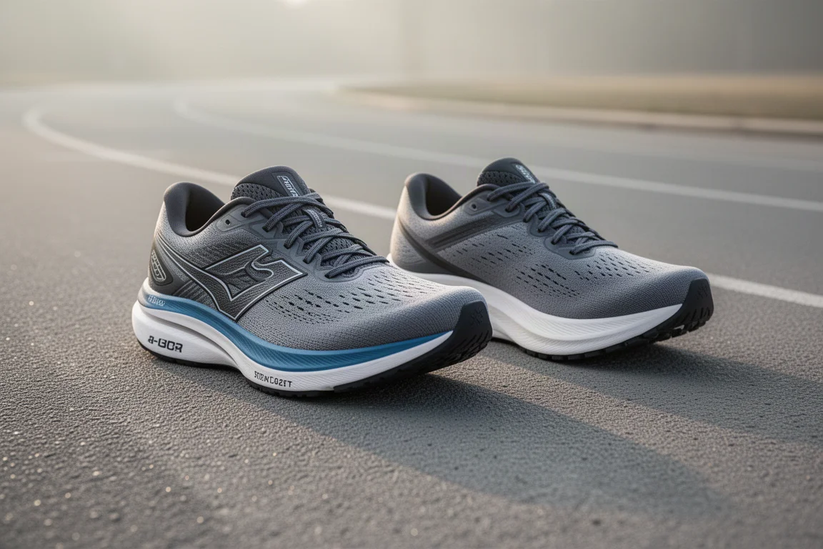 Twee gevoerde hardloopschoenen naast elkaar op een atletiekbaan