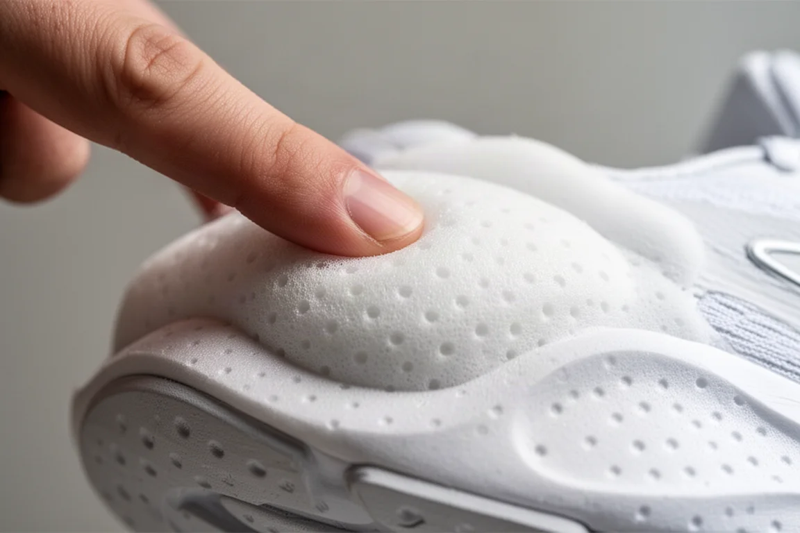 Close-up van dik wit tussenzool-foam van een hardloopschoen