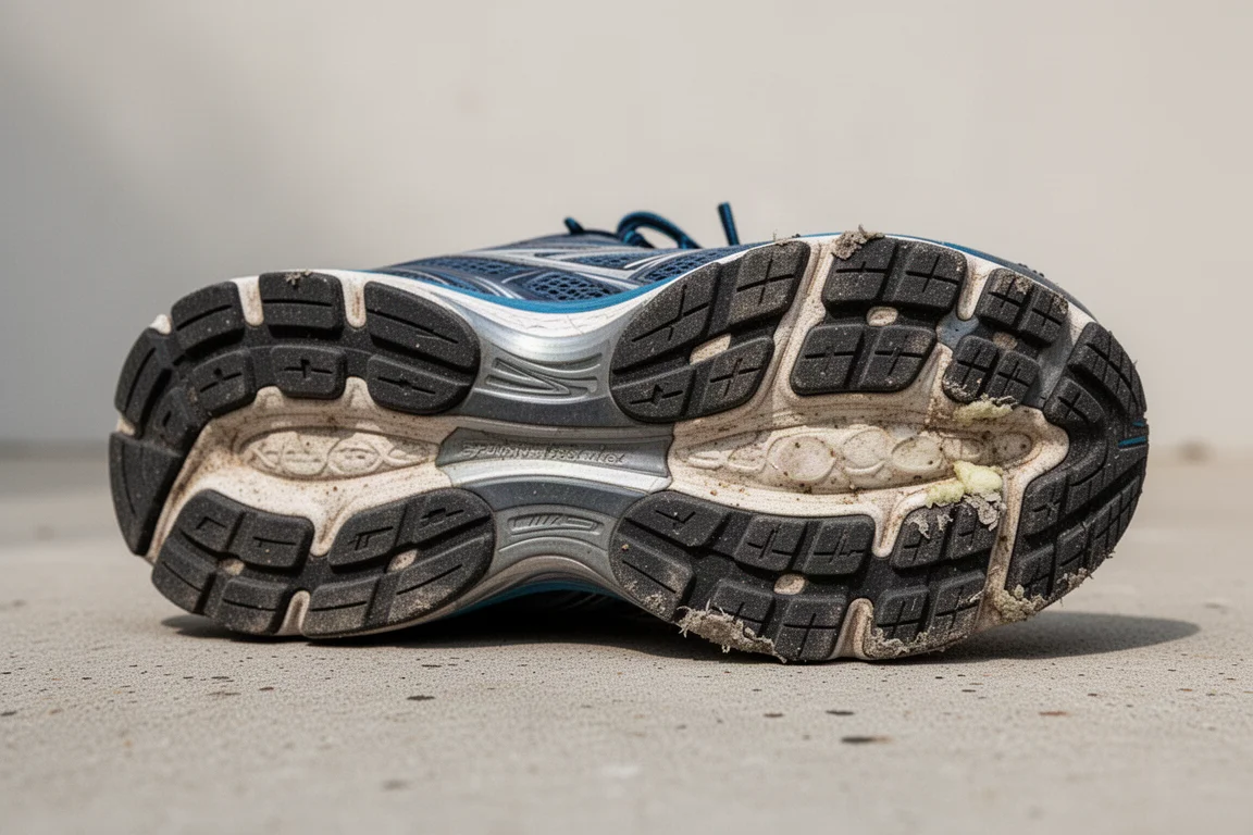 Versleten buitenzool-rubber van een hardloopschoen na honderden kilometers