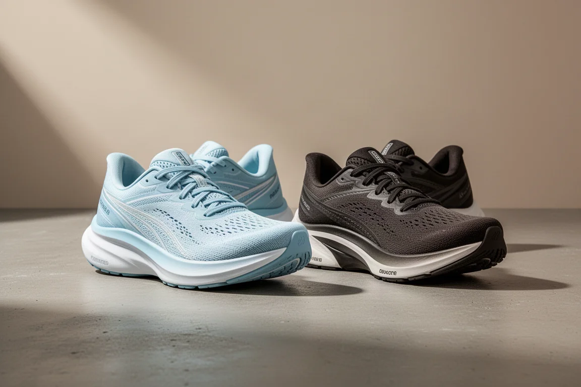 Two cushioned running shoes side by side on a concrete surface