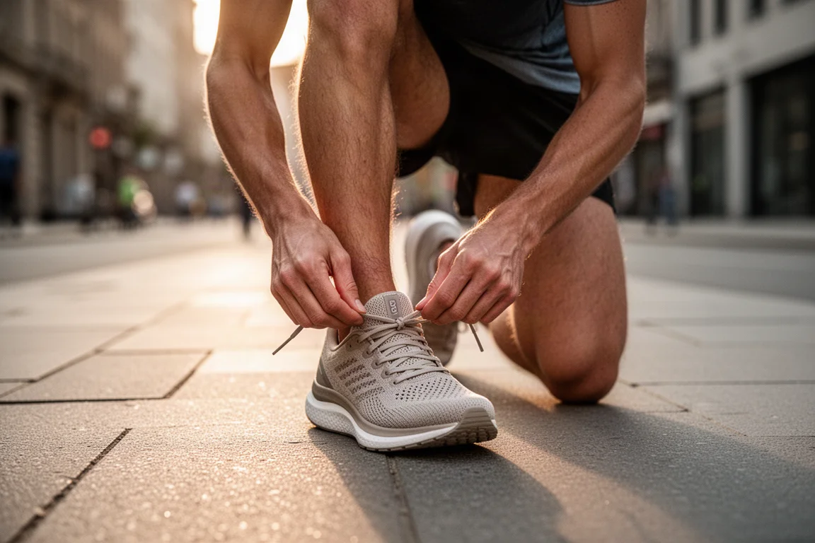 静かな舗道でクッション性のあるランニングシューズの紐を結ぶランナー