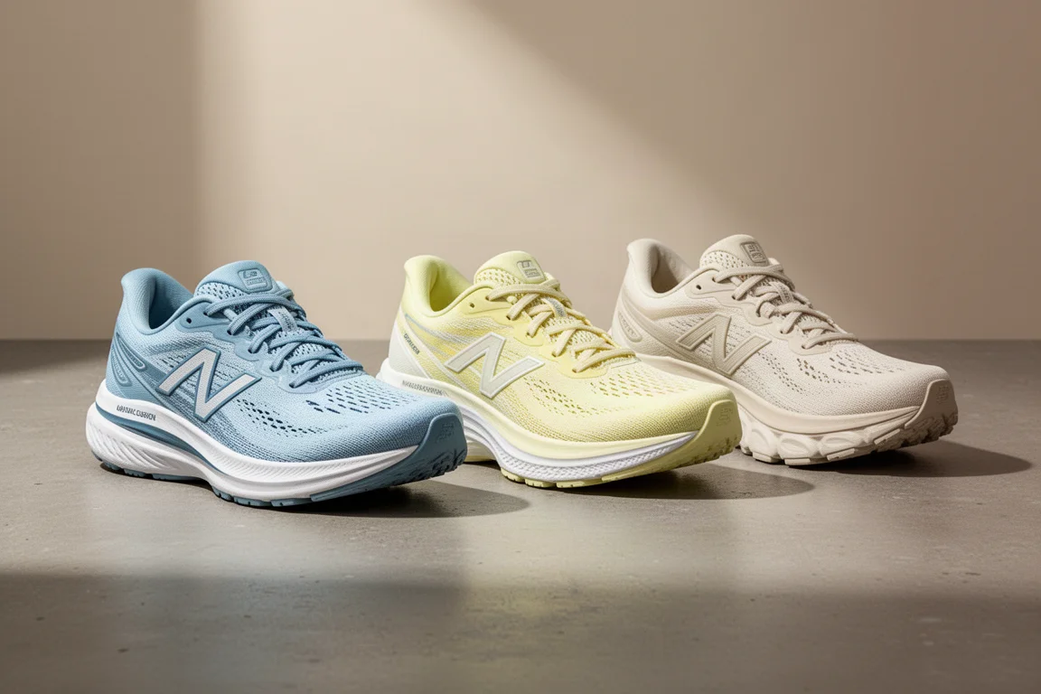 Three running shoes arranged side by side on a concrete surface