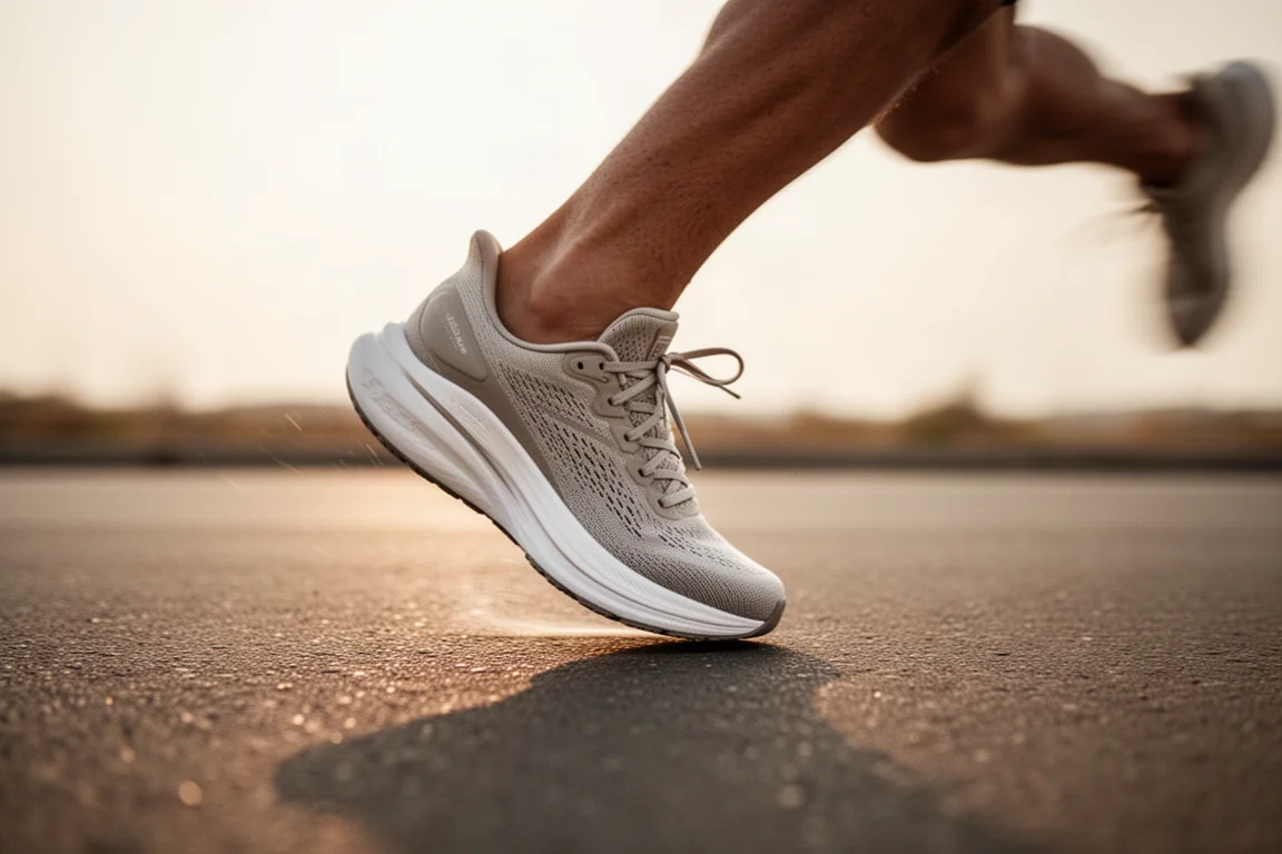 Gros plan sur la tige tricotée d'une chaussure de running montrant la languette intégrée et le col rembourré