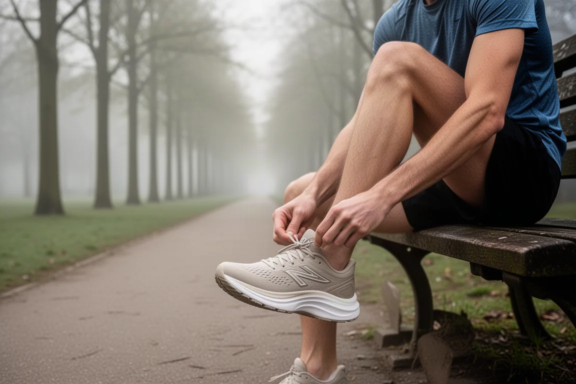 Un coureur avance sur une route pavée calme à la lumière du début de soirée