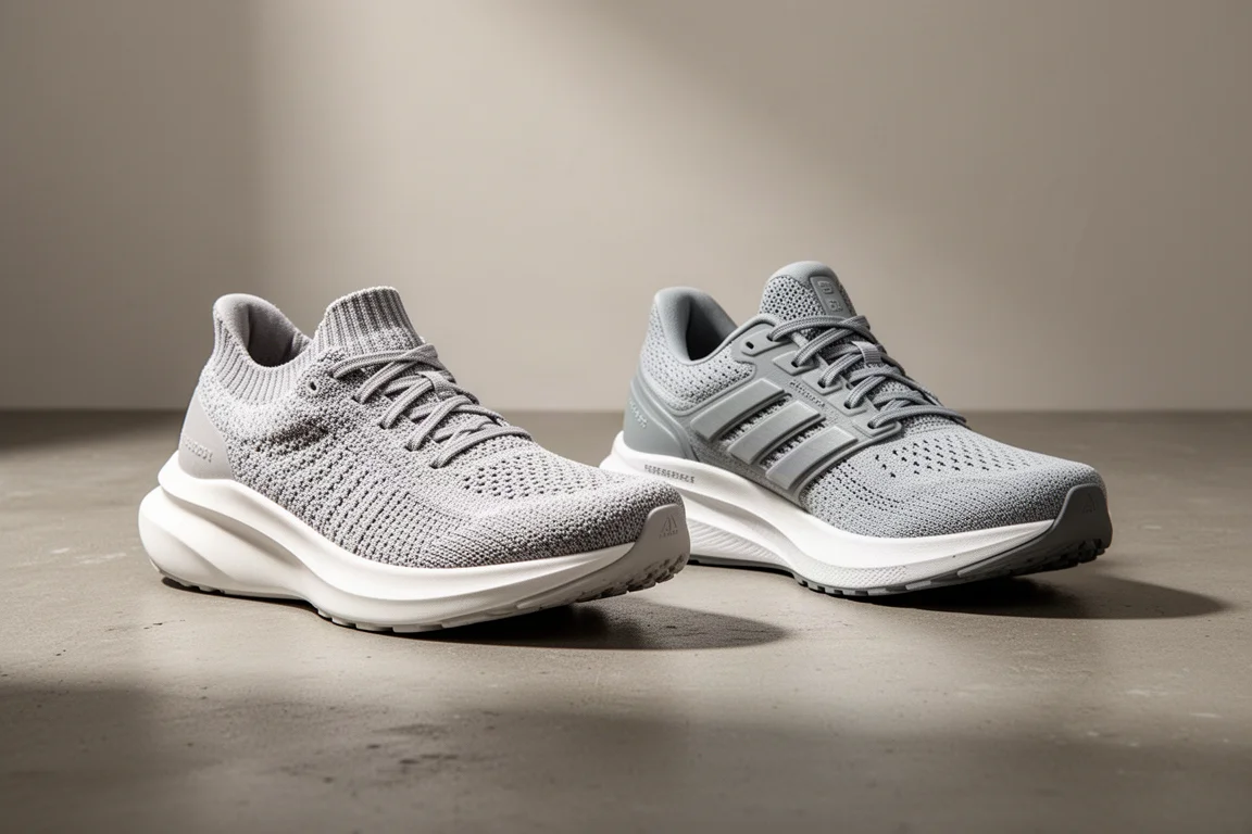 Two New Balance running shoes side by side on a concrete surface