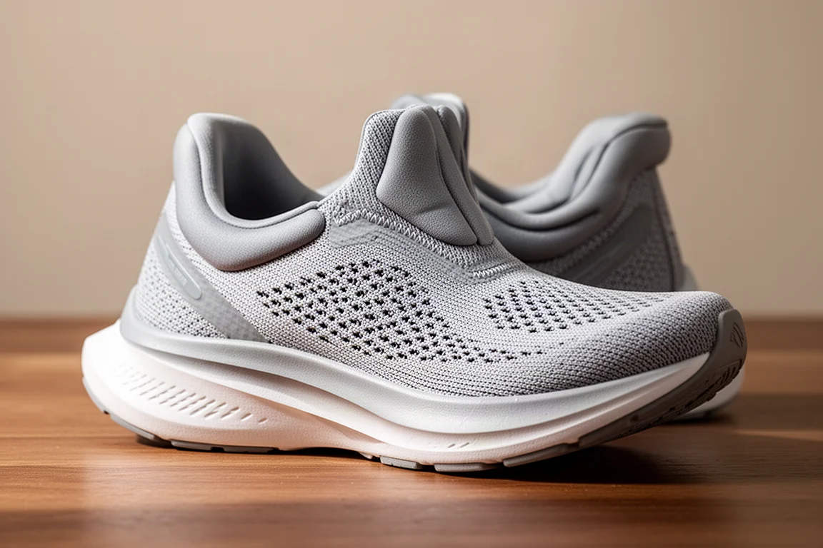 プラッシュなランニングシューズのメッシュアッパーとパッド入りヒールカラーの接写