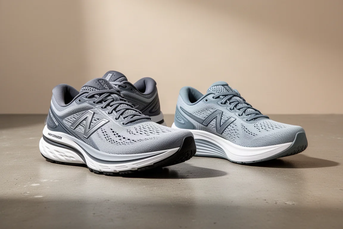 Two cushioned running shoes side by side on a concrete surface