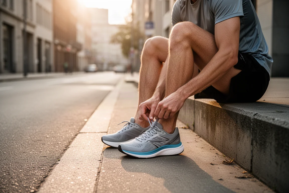 Runner lacing up cushioned daily trainers on a quiet street at sunrise