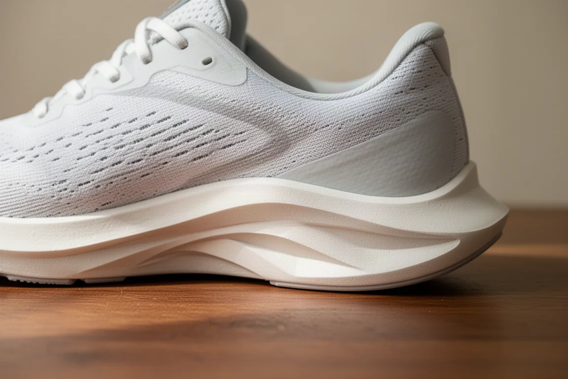 Close-up of a sculpted running shoe midsole showing foam geometry
