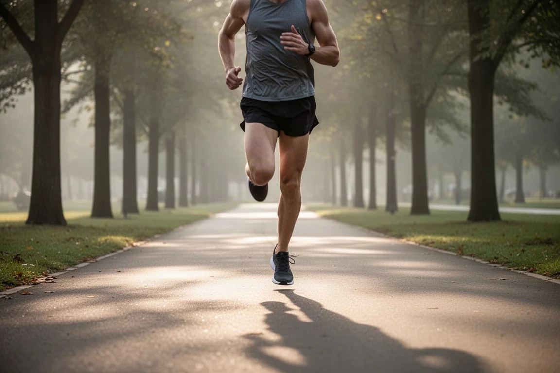 Runner picking up pace on a smooth park path in soft morning light