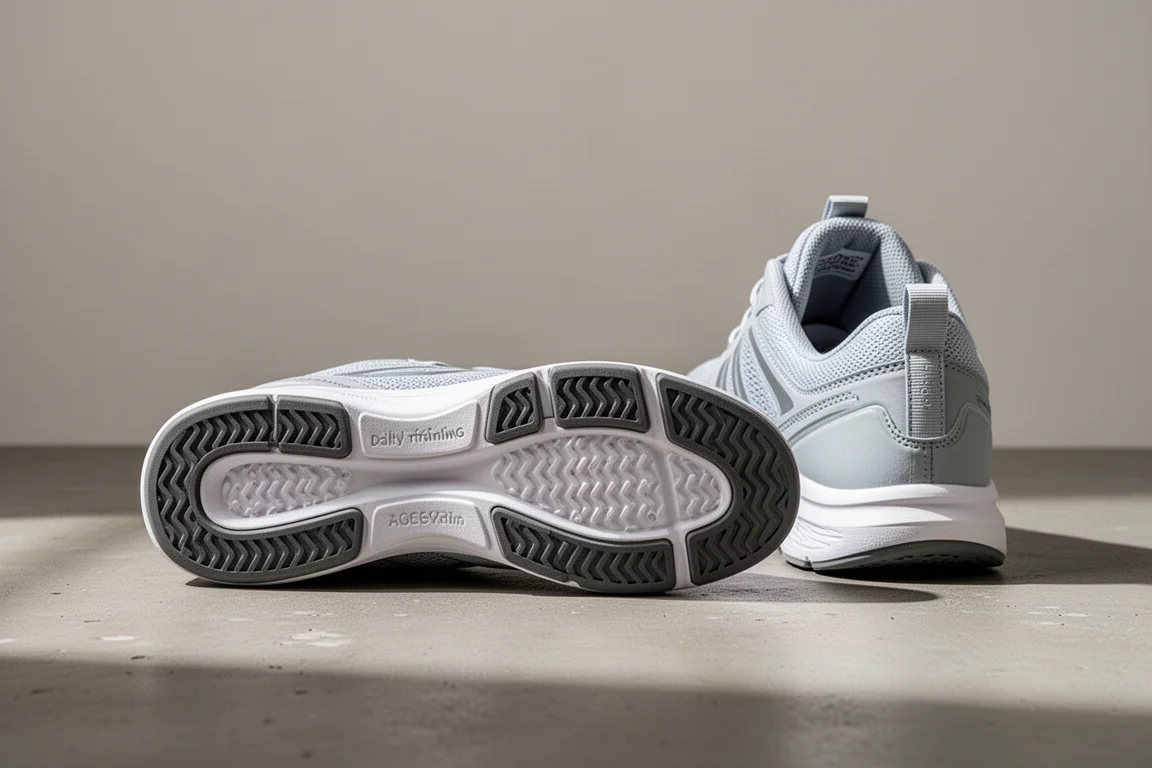 Underside of a running shoe outsole showing rubber coverage on concrete