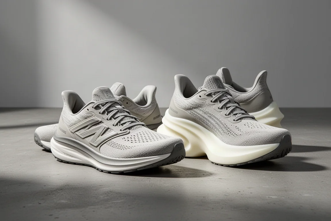Two New Balance max-cushion running shoes side by side on a concrete surface