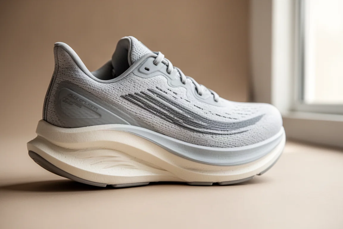 Close-up of a running shoe midsole showing foam and rocker geometry