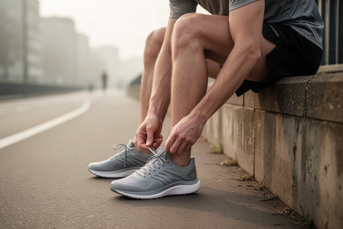 Runner tying laces on a lightweight training shoe on an urban path