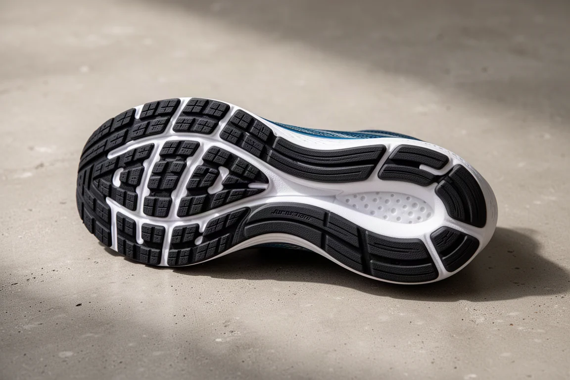 Close-up of a rubber outsole showing coverage pattern and wear