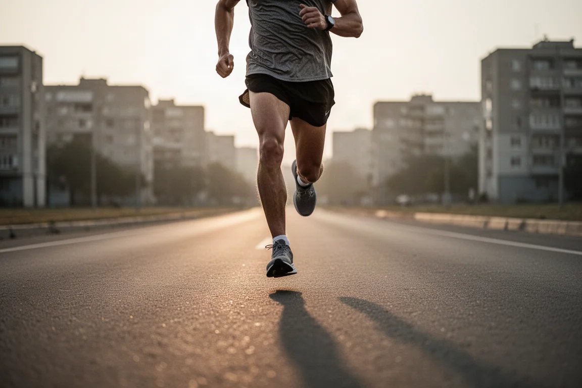 Runner picking up the pace on an open road at dusk
