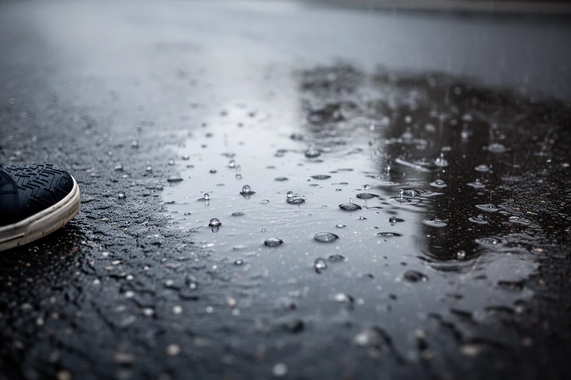 雨後濕潤的柏油路面反射著柔和的光線