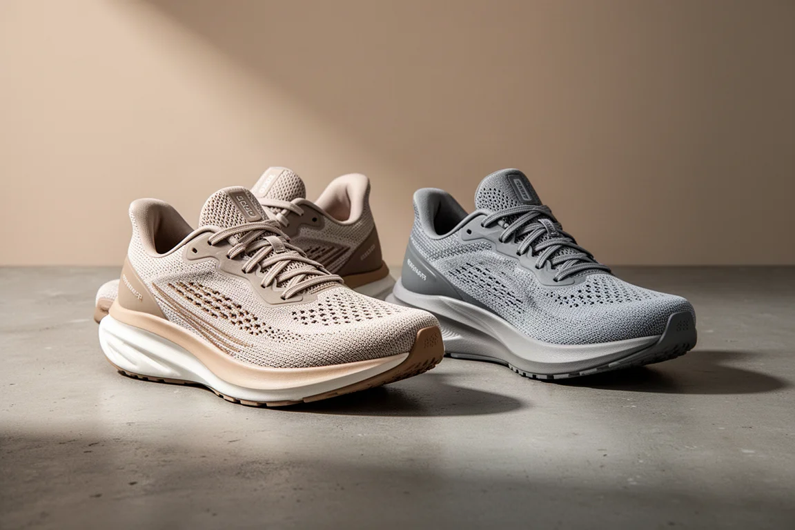 Two daily trainer running shoes side by side on a concrete surface