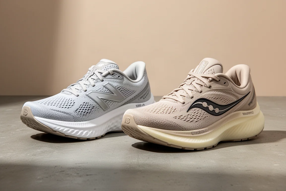New Balance 1080 v14 與 Saucony Triumph 22 路跑鞋並排放在水泥地上