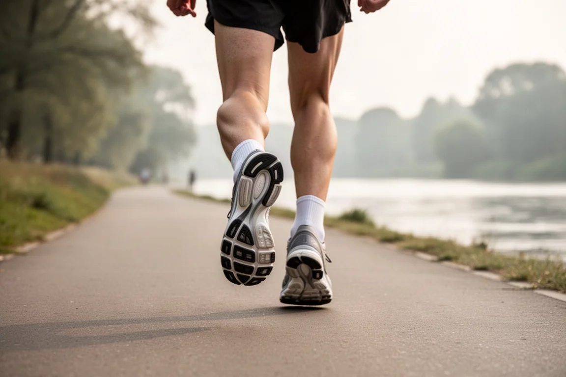 Runner walking along a paved riverside path in cushioned running shoes