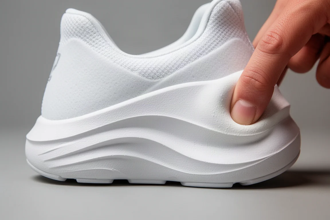Close-up of a foam running shoe midsole showing heel-to-toe rocker shape