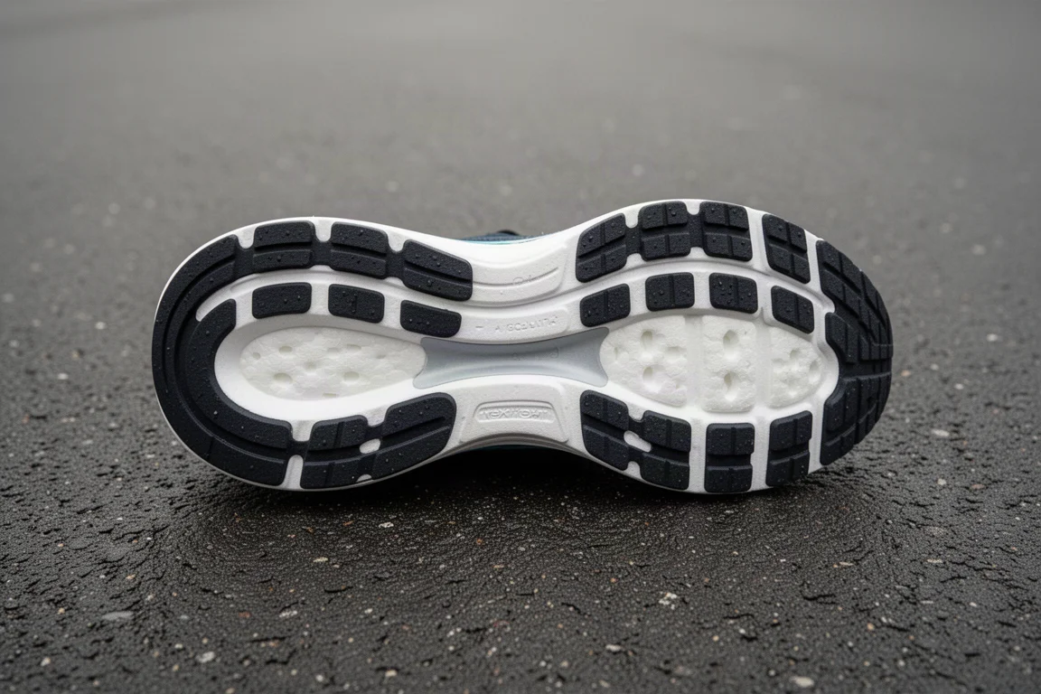Running shoe outsole with rubber grip pattern resting on asphalt pavement