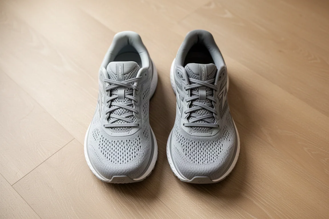 Two running shoes side by side on a wooden floor showing different fits