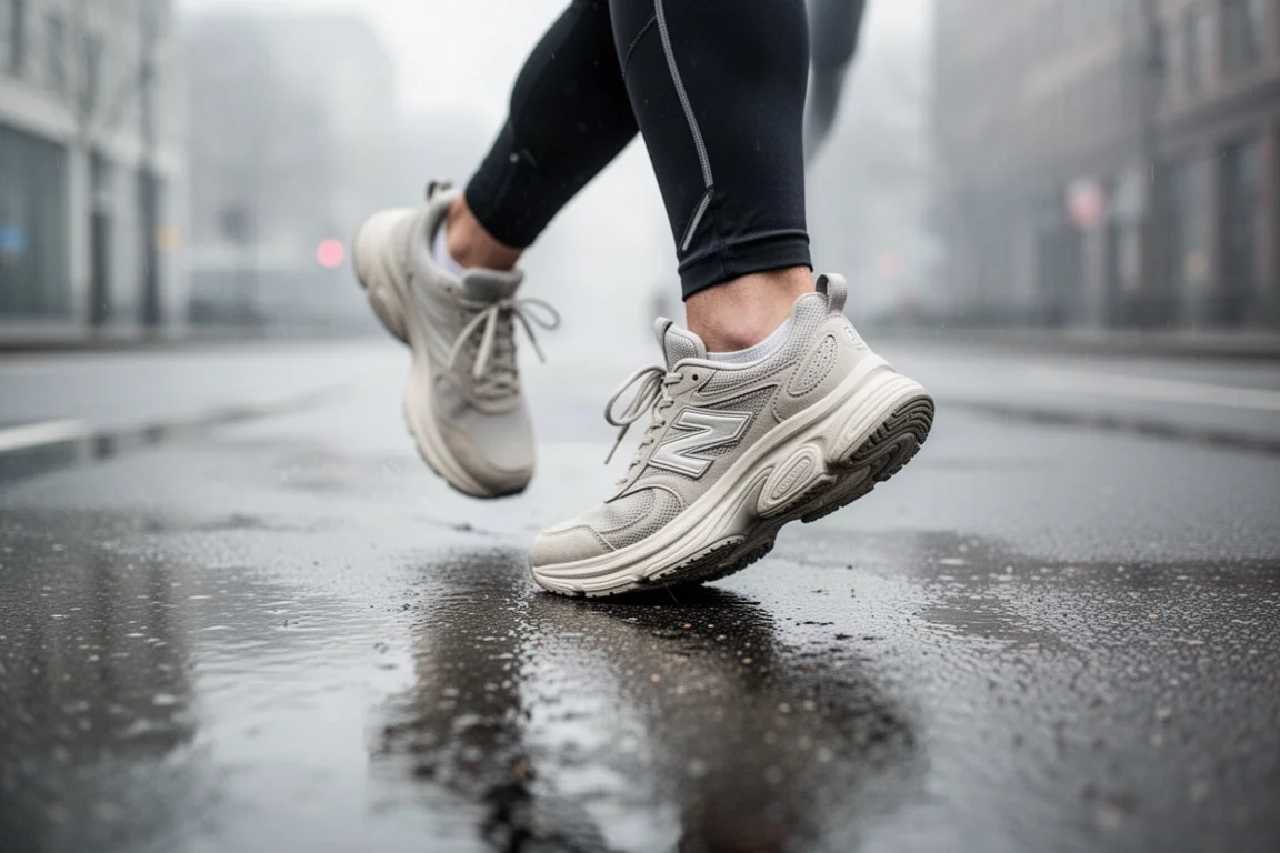 Primer plano del acolchado de la mediasuela de una zapatilla de running blanca sobre un banco de madera