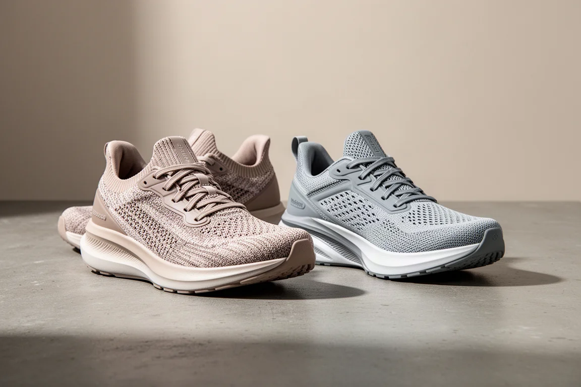 Two New Balance running shoes side by side on a studio surface