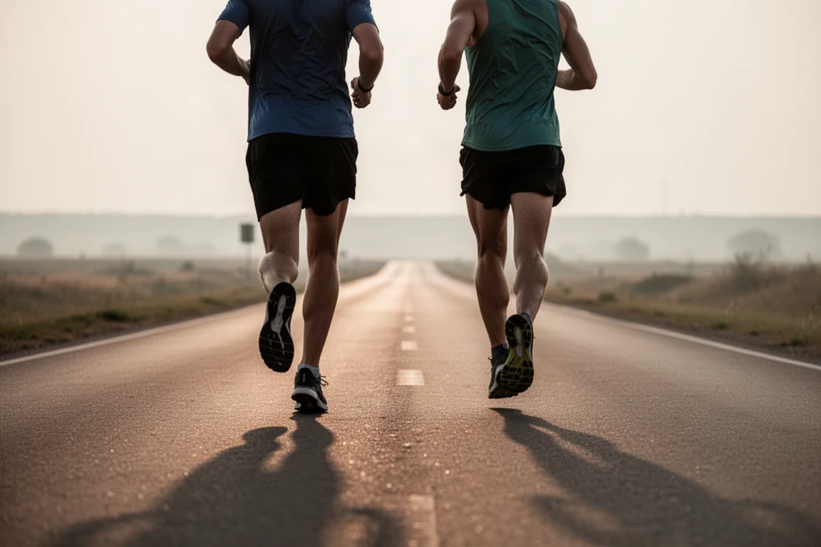 Corredores trotando em uma estrada aberta em ritmo tranquilo e constante