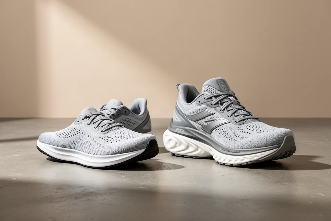 New Balance 1080 V15 與 ASICS GEL-Nimbus 28 跑鞋並排放在水泥地上