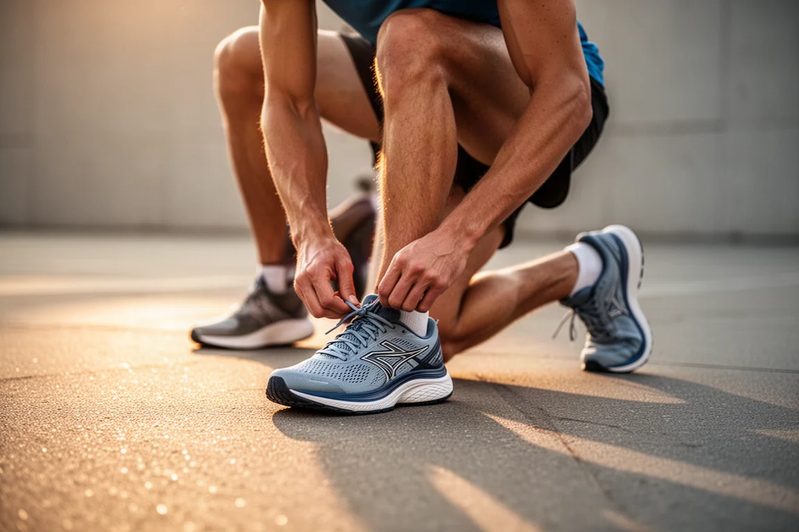 Läufer schnürt die Schnürsenkel gedämpfter Daily Trainer vor einem lockeren Lauf