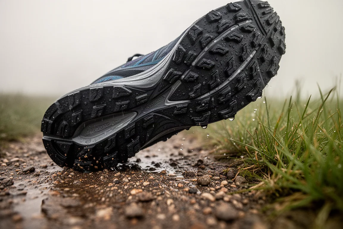 Außensohle eines Laufschuhs greift auf einem feuchten Mischgelände-Trailpfad
