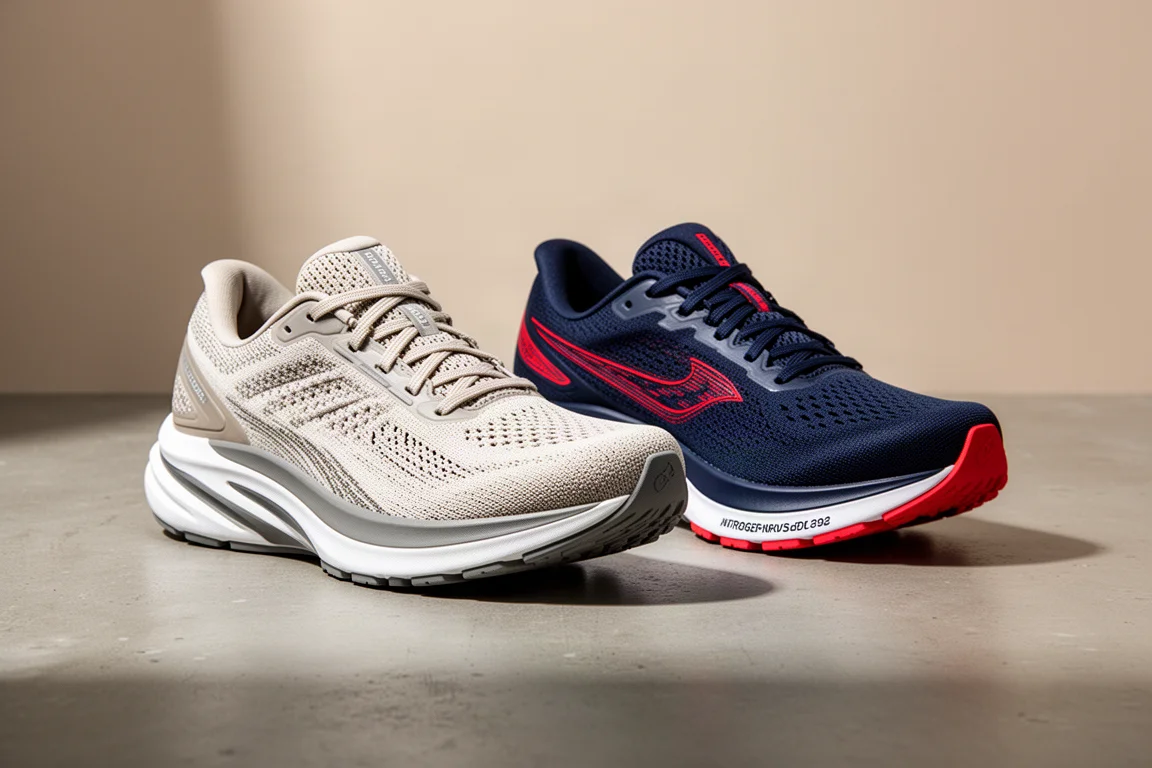 New Balance 1080 V15 and Puma Velocity Nitro 4 running shoes side by side on concrete